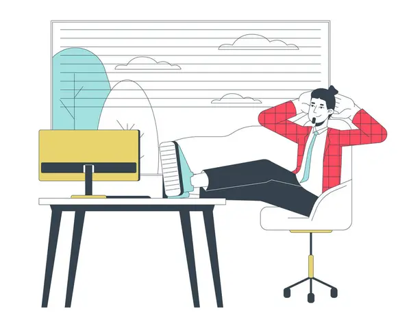 Resting More Work Line Cartoon Flat Illustration Caucasian Male Office — Stock Vector