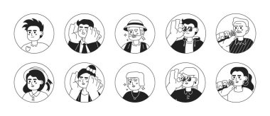 Modern Kafkas insanları siyah-beyaz 2D vektör avatarları çizim seti. Son sınıflar, yetişkin Avrupalılar çizgi film karakteri izole edilmiş durumdalar. Pozitif ruh hali düz kullanıcı profili resim koleksiyonu