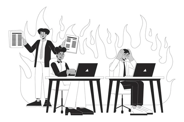 应付工作压力的黑白二维图解概念 在压力下被解雇的员工和同事们在漫画中勾勒出了被白色隔离的人物 倦怠隐喻单色矢量艺术 — 图库矢量图片