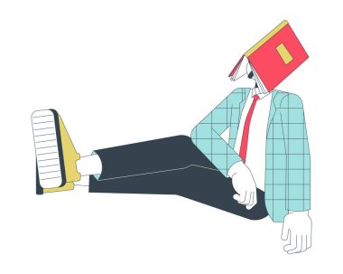 Ofis çalışanı 2D çizgi film karakteriyle uyuyakalıyor. Resmi giyimli beyaz adam izole edilmiş hat vektörü beyaz arka planı hızlıca kestiriyor. Sıkıcı renk düz nokta çizimi