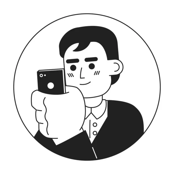 黒と白の2Dベクターアバターイラストを見ている染められた髪のアジアの大人の男性 モバイル日本人男性のアウトライン漫画キャラクターの顔を隔離 ソーシャルメディアユーザーフラットポートレート — ストックベクタ
