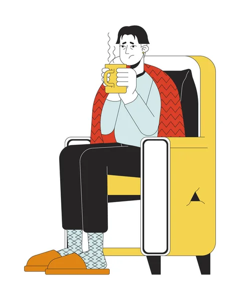 Treating Flu Home Line Cartoon Flat Illustration Asian Sick Man — Stock Vector