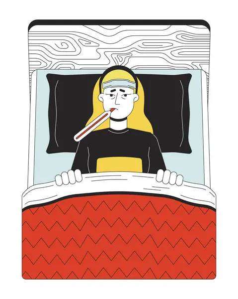 Kranker Grippepatient Der Bettlinie Cartoon Flache Illustration Liegen Kaukasische Frau — Stockvektor