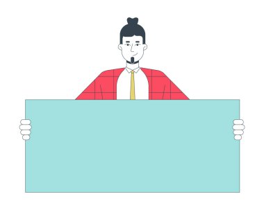 Kurumsal stil giyimi, elinde 2D çizgi film karakteri tutan bir çalışan. Milenyum Kafkasyalı ofis çalışanı izole edilmiş hat vektörü beyaz arkaplan reklamı yapıyor. Renkli düz nokta illüstrasyonu