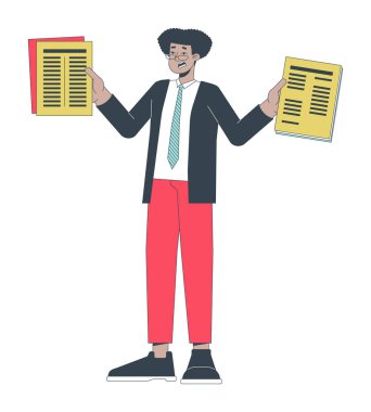 İki boyutlu doğrusal çizgi film karakteri tutan endişeli bir İspanyol işçi. Aşırı yüklenmiş yetişkin adam izole edilmiş çizgi taşıyıcısı beyaz arka plan. Hüsrana uğramış çalışan erkek renk düz nokta çizimi