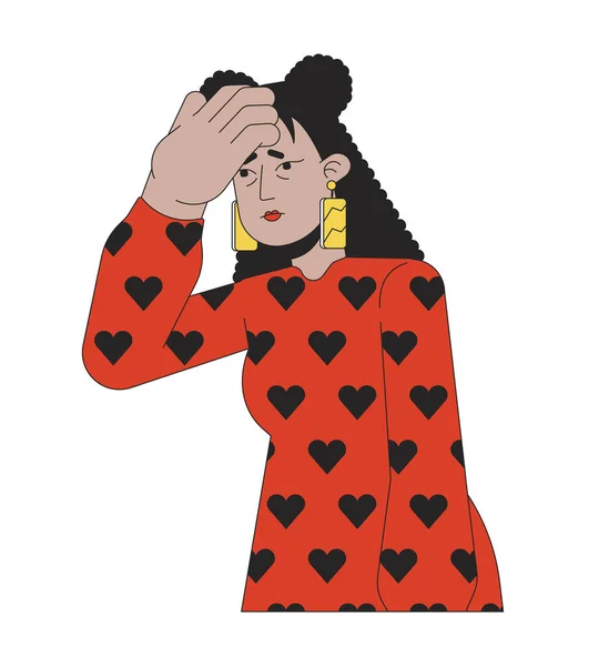 Sick Hispanic Woman Taking Forehead Temperature Linear Cartoon Character Frustrated — Stock Vector