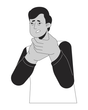 Alerjik boğaz ağrısı olan siyah-beyaz çizgi film karakteri. Güney Asyalı adam izole edilmiş vektör hatlarını solunum sorunu yaşıyor. Alerjik reaksiyon monokromatik düz nokta çizimi