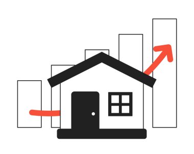 Emlak piyasası yükselen grafik siyah-beyaz 2D çizim konsepti. İpotek oranları. Gayrimenkul fiyatları çizelgesi, karikatür ana hatları. Ev fiyatları büyümesi metaforu monokrom vektör sanatı
