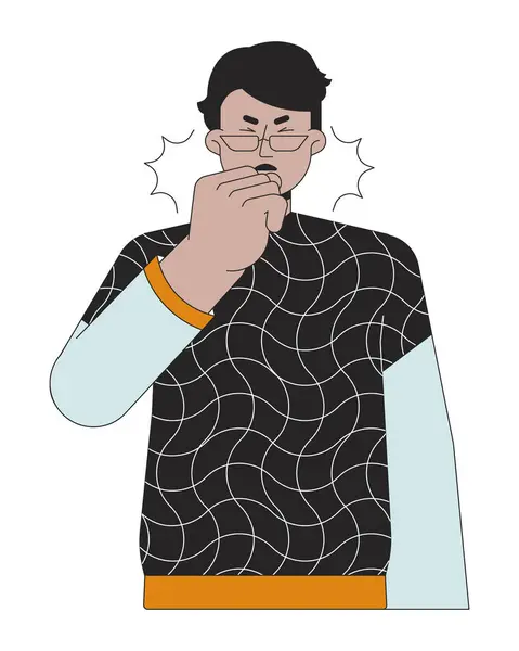 Arab Eyeglasses Man Coughing Asthma Linear Cartoon Character Seasonal Pollen — Stock Vector