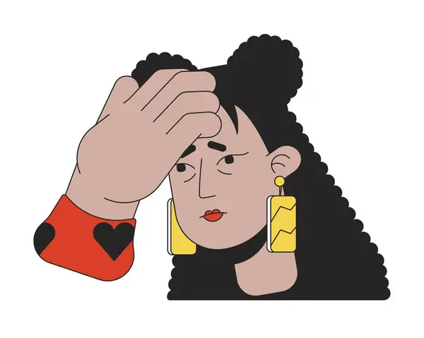 熱チェック2Dリニア漫画クローズアップフェイスのために額に触れるラティナの女性 病気の大人のヒスパニック系女性隔離ラインベクターヘッドクローズアップホワイト背景 書道カラーフラットスポットイラスト — ストックベクタ