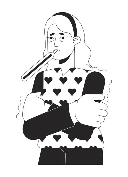 Suffering Feverish Caucasian Woman Thermometer Black White Line Cartoon Character — Stock Vector