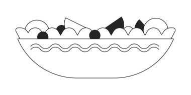 Salata kasesi siyah beyaz 2D çizgi film nesnesi. Vejetaryen yemeği. Sağlıklı besin tabakası izole edilmiş vektör ana hatları. Organik yemek. Taze sebze kasesi tek renkli düz nokta illüstrasyonu