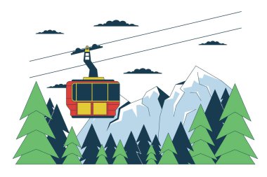 Gondol skilift dağ orman çizgi çizgi çizgi çizgi düz çizim. Asansörlü kayak kaldırma 2D hat sanatı manzarası beyaz arka planda izole edildi. Kayak merkezi kış mevsimi sahne vektör rengi