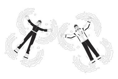 Kar meleklerini siyah beyaz karikatür düz çizim yapıyor. Kış aile eğlencesi 2D çizgi film karakterleri izole edildi. Beyaz yetişkinler kayak takımı giyiyor. Karlı açık hava monokrom sahne vektörü ana hatlı görüntü