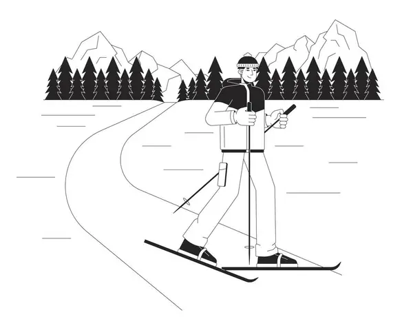 Winterlandschaft Skifahren Schwarz Weiß Cartoon Flache Illustration Asiatische Männliche Skifahrer — Stockvektor