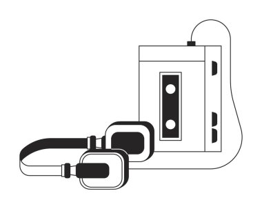 Portatif kasetçalar ve siyah-beyaz kulaklıklı siyah-beyaz çizgi film nesnesi. 80lerin klasik ses kaydedicisi izole edilmiş vektör ana hatları ögesi. Müzik eski moda monokromatik düz nokta çizimi