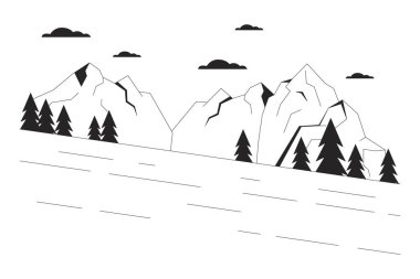 Dağ ormanlarının yanındaki kayak yamacında siyah beyaz çizgi film düz çizim. Yokuş aşağı 2D hat sanatı manzarası izole edildi. Kar tesisi slalom tek renkli sahne vektörü ana hatlı resim