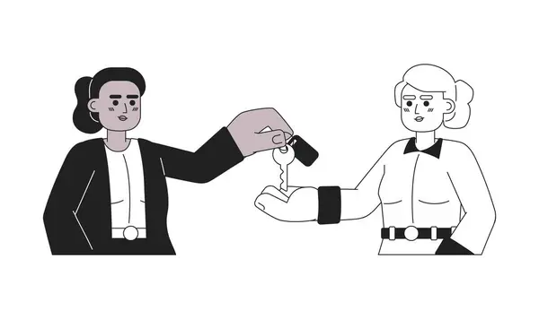Realtor Comprador Clave Proceso Entrega Personajes Dibujos Animados Blanco Negro — Vector de stock