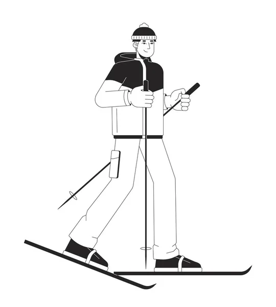 Asiatico Giovane Adulto Sciatore Utilizzando Bastoni Sci Bianco Nero Linea — Vettoriale Stock