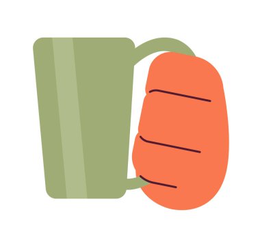 Bir fincan çay içerken çizgi film karakteri el çizimi. İçecek bardağında beyaz arka planda 2D vektör görüntüsü var. Mola zamanı ferahlatıcı. Kahve keyfi düzenlenebilir düz clipart rengi