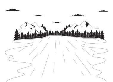 Lake Forest Dağları siyah beyaz çizgi film düz çizim. Çam ağaçları, dağ yamacının 2D çizgi manzarası izole edilmiş. Vahşi su, açık havada tek renkli sahne vektörü görüntüsü.