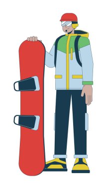 Miğferi 2D çizgisel çizgi film karakteri olan snowboardcu. Genç, yetişkin bir Arap, izole edilmiş çizgi vektörü, beyaz arka plan. Kış ekstrem spor meraklısı düz nokta illüstrasyonu