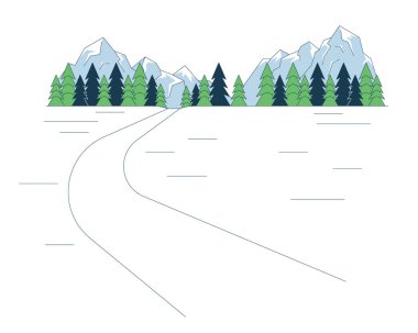 Mountainside kayak yolu çizgi filmi düz çizim. Kar yamacı. Arka planda kayak alanı 2D hat sanatı beyaz arka planda izole edilmiş. Dağ karı sahne vektör rengi görüntüsünü izler