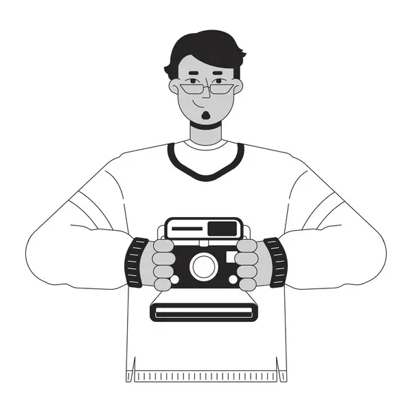 レトロカメラの黒と白の2Dライン漫画のキャラクターを持っている陽気なアラブの男 中東の男性は 写真を隔離されたベクトルアウトラインの人を撮影します ノスタルジアの記憶モノクロマティックフラットスポットイラスト — ストックベクタ