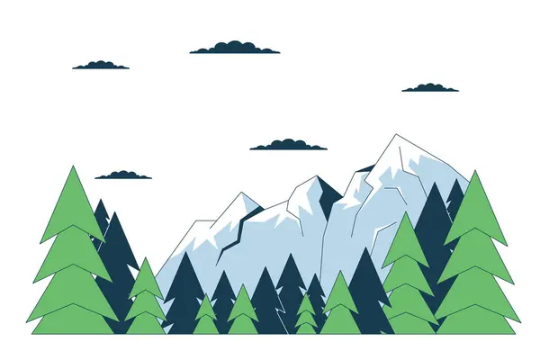 风景秀丽的山脉松树线条卡通画平面插图 滑雪场顶部2D线状景观隔离在白色背景 山顶上空的云彩春天场景矢量彩色图像 — 图库矢量图片