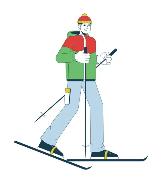 スキーポール2Dリニア漫画のキャラクターを使用してアジアの若い成人男性スキーヤー バックカントリースキー韓国男性隔離ラインベクターの人白い背景 アクティブライフスタイルカラーフラットスポットイラスト — ストックベクタ