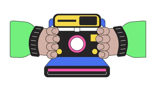 Tenant Rétro Caméra Instantanée Linéaire Dessin Animé Personnage Mains Illustration — Image vectorielle