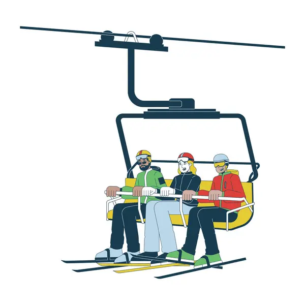 チェアリフト2Dリニア漫画のキャラクターに暖かい服の人々をスキー エレベーターのスキーヤーは 白い背景の人々を隔離したラインベクター 冬のスポーツマン多彩なカラーフラットスポットイラスト — ストックベクタ