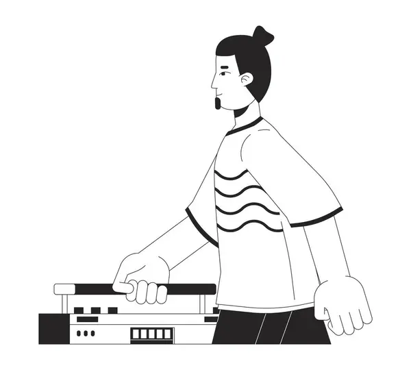 Caucasian Bearded Man Walking Boombox Black White Line Cartoon Character — Stock Vector