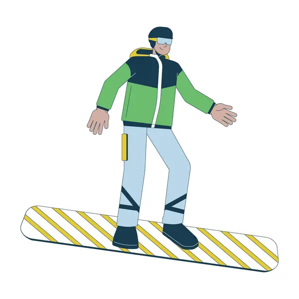 滑雪板男性拉丁美国2D线形卡通人物 穿着保暖衣服的西班牙裔男子隔离线病媒人白色背景 滑雪板度假色彩扁平点画 — 图库矢量图片