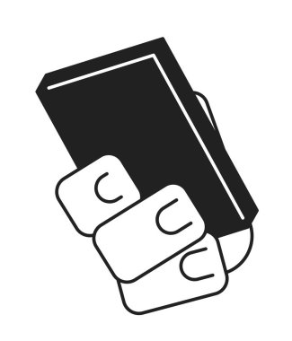 Çizgi film el çizimi çizimi ile cep telefonu. 2D 'yi tutan akıllı telefon siyah ve beyaz vektör görüntüsünü izole etti. İnternette sörf yapıyorum. Aygıt çağrısı cep telefonu düz monokromatik çizim sanatı