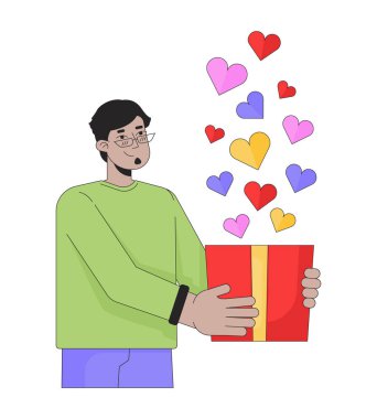 Orta Doğulu adam Sevgililer Günü hediyesi olarak 2D doğrusal çizim yapıyor. Arap erkek gözlüklü karikatür karakteri beyaza izole edilmiş. Aşk duygularını paylaş metafor soyut düz vektör ana hatları grafiği