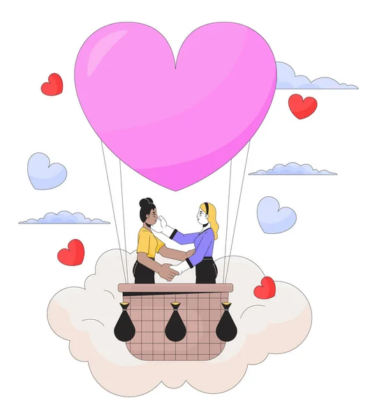 Proposing Hot Air Ballooning Linear Illustration Concept Lesbian Couple Interracial — Stock Vector