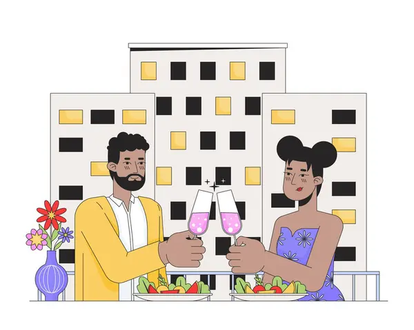 Afro Amerikan Romantik Çift Yemek Kuyruğu Çizgi Filmi Düz Çizim — Stok Vektör