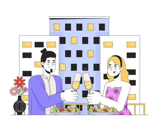Heteroseksueel Koppel Date Avond Restaurant Lijn Cartoon Platte Illustratie Champagne — Stockvector