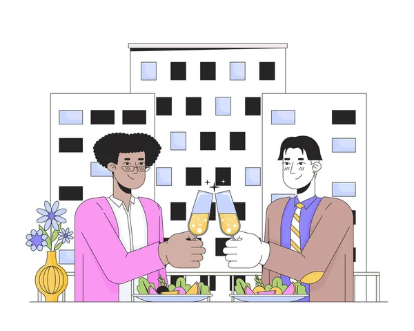 情人节同性恋夫妇晚餐系列漫画平面插图 不同的男朋友敬酒香槟酒2D线形字符分离的白色背景 餐厅日期2月14日场景矢量彩色图像 — 图库矢量图片