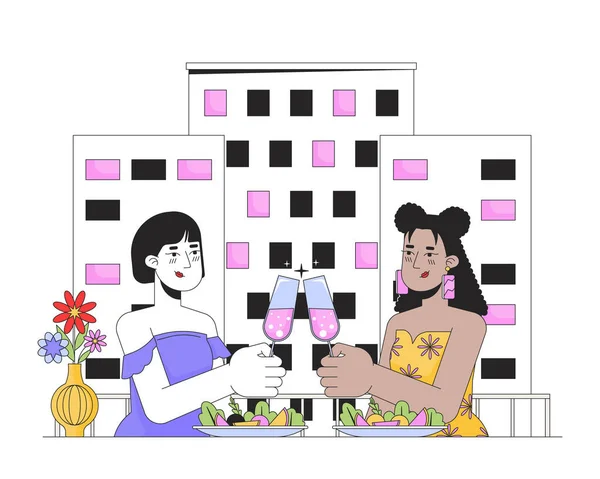 Lesbische Valentijnsdag Datum Lijn Cartoon Platte Illustratie Liefde Vriendinnen Wijn — Stockvector
