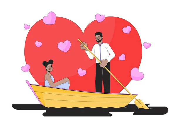 情人节关于水的二维线性图解概念 非裔美国人异性恋夫妇卡通人物与白人隔离 黑人划船桨隐喻抽象平面矢量轮廓图 — 图库矢量图片