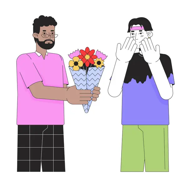 Homme Cadeau Bouquet Fleurs Homme Amant Mâle Ligne Dessin Animé — Image vectorielle