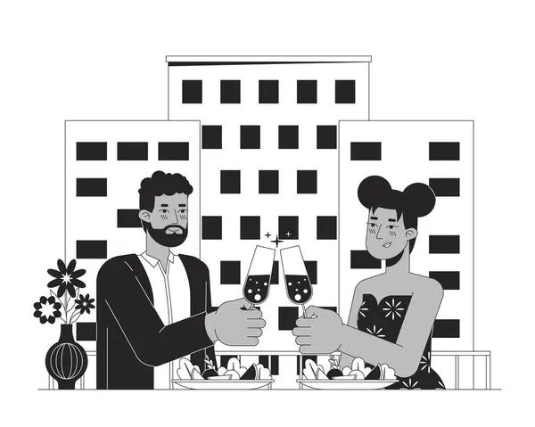Couple Romantique Afro Américain Dînant Noir Blanc Dessin Animé Plat — Image vectorielle