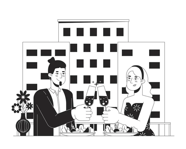 异性情侣在约会之夜餐厅黑白卡通平面插图 香槟与高加索2D线形字符的连接被隔离 情人节单色场景矢量轮廓图像 — 图库矢量图片
