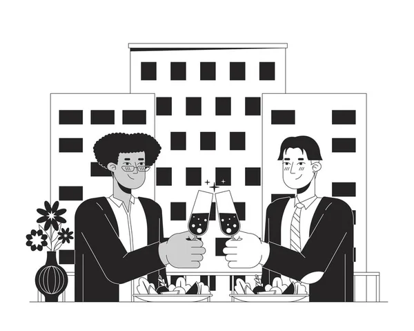 情人节快乐夫妇晚餐黑白漫画平面插图 不同的男朋友敬酒香槟2D线形字符隔离 餐厅日期14爱情单色场景矢量轮廓图像 — 图库矢量图片