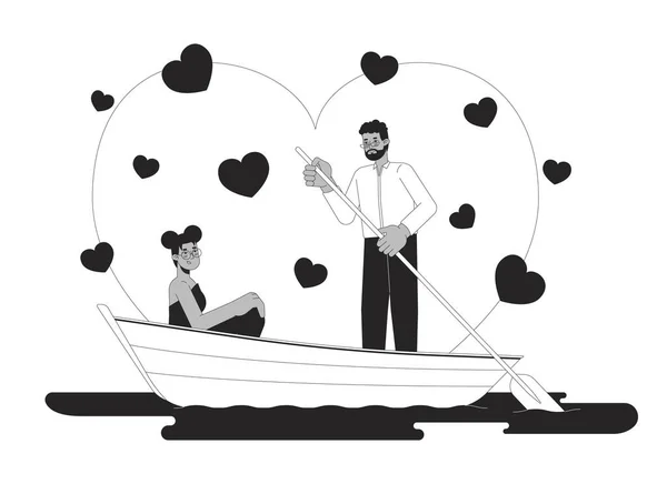 情人节关于水的黑白二维图解概念 非裔美国人异性恋夫妇卡通人物轮廓孤立在白色 具有桨形隐喻单色矢量艺术的黑人 — 图库矢量图片