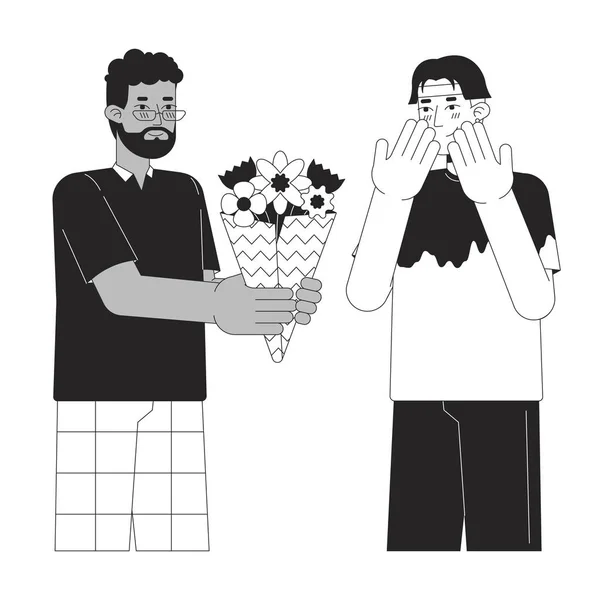 男人送花束给男人情人男人黑白卡通画平面插图 跨种族夫妇同性恋2D线形字符隔离 情人节呈现单色场景矢量轮廓图像 — 图库矢量图片