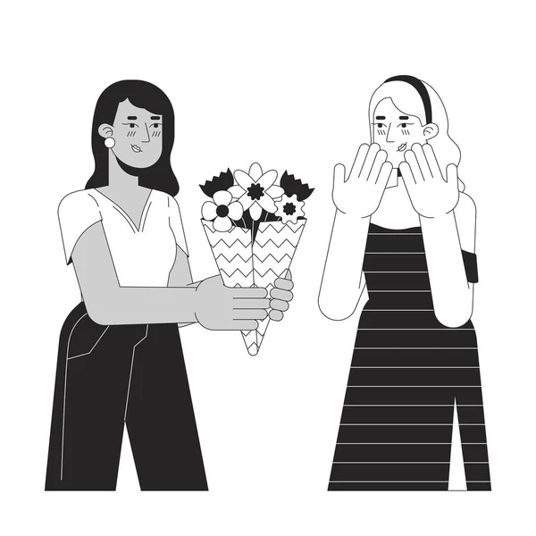 女人送花束粉碎黑白漫画平面插图 跨种族夫妇的同性恋2D线形字符隔离 情人节礼物 浪漫的单色场景矢量轮廓图像 — 图库矢量图片