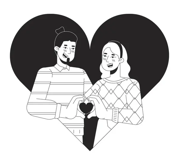 Kaukasische Freundin Freund Februar Schwarz Weiß Illustrationskonzept Valentinstag Paar Cartoon — Stockvektor